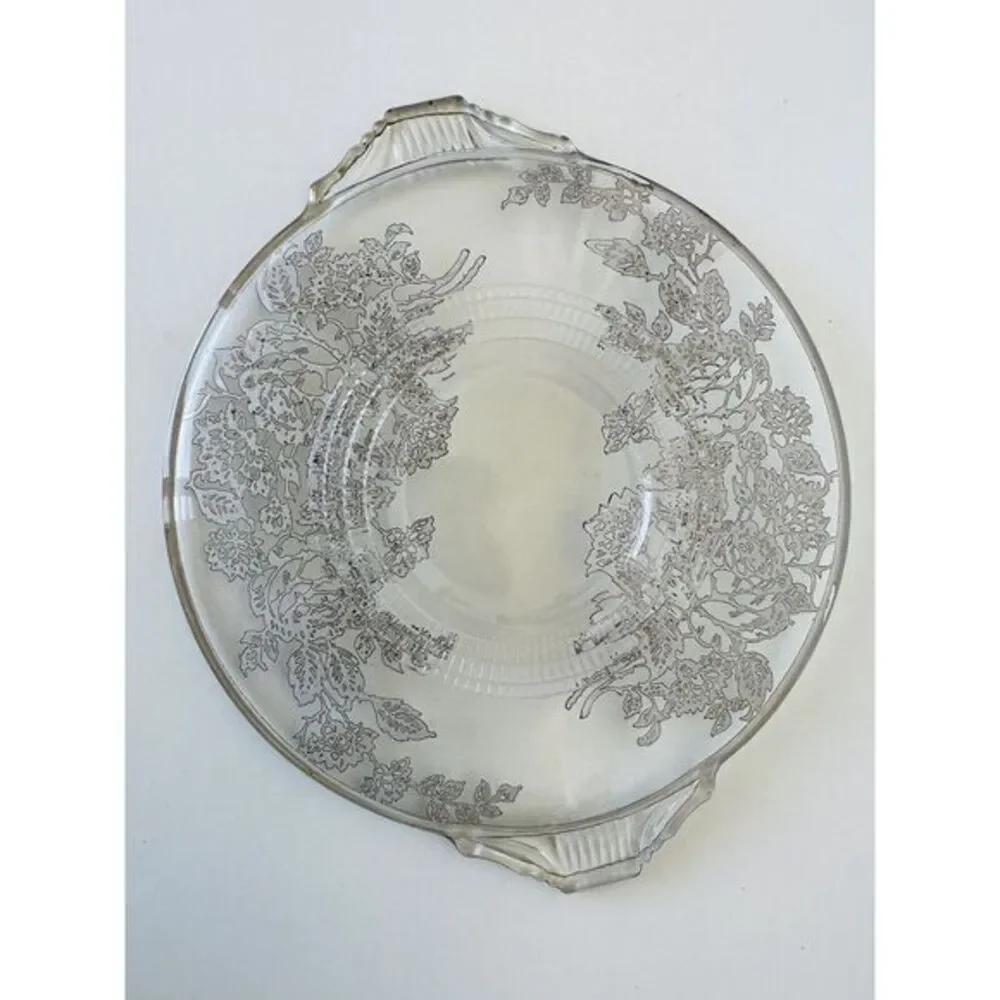 Vintage Floral‎ Leaf Silver Overlay Glass Plate W/Handles Silver Trim 8
